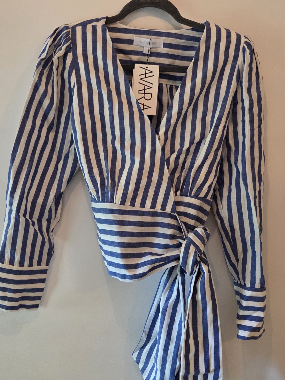 AVARA Blue and White Striped Wrap Blouse